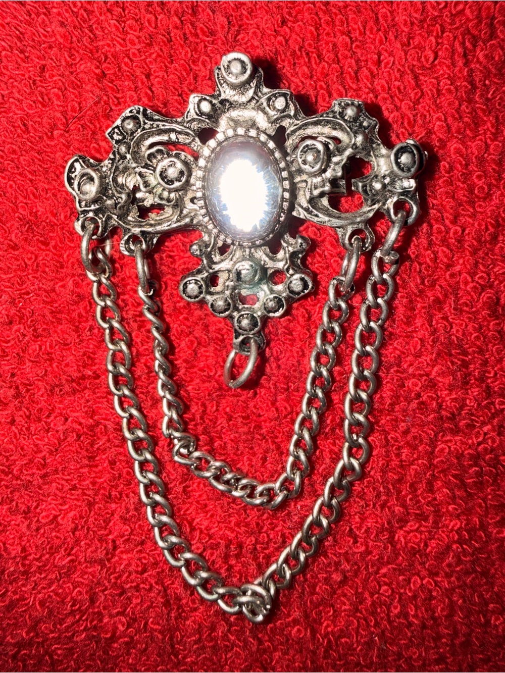 Vintage Revival Silver-Tone Chatelaine Brooch Gothic Victorian Drape Chain Pin